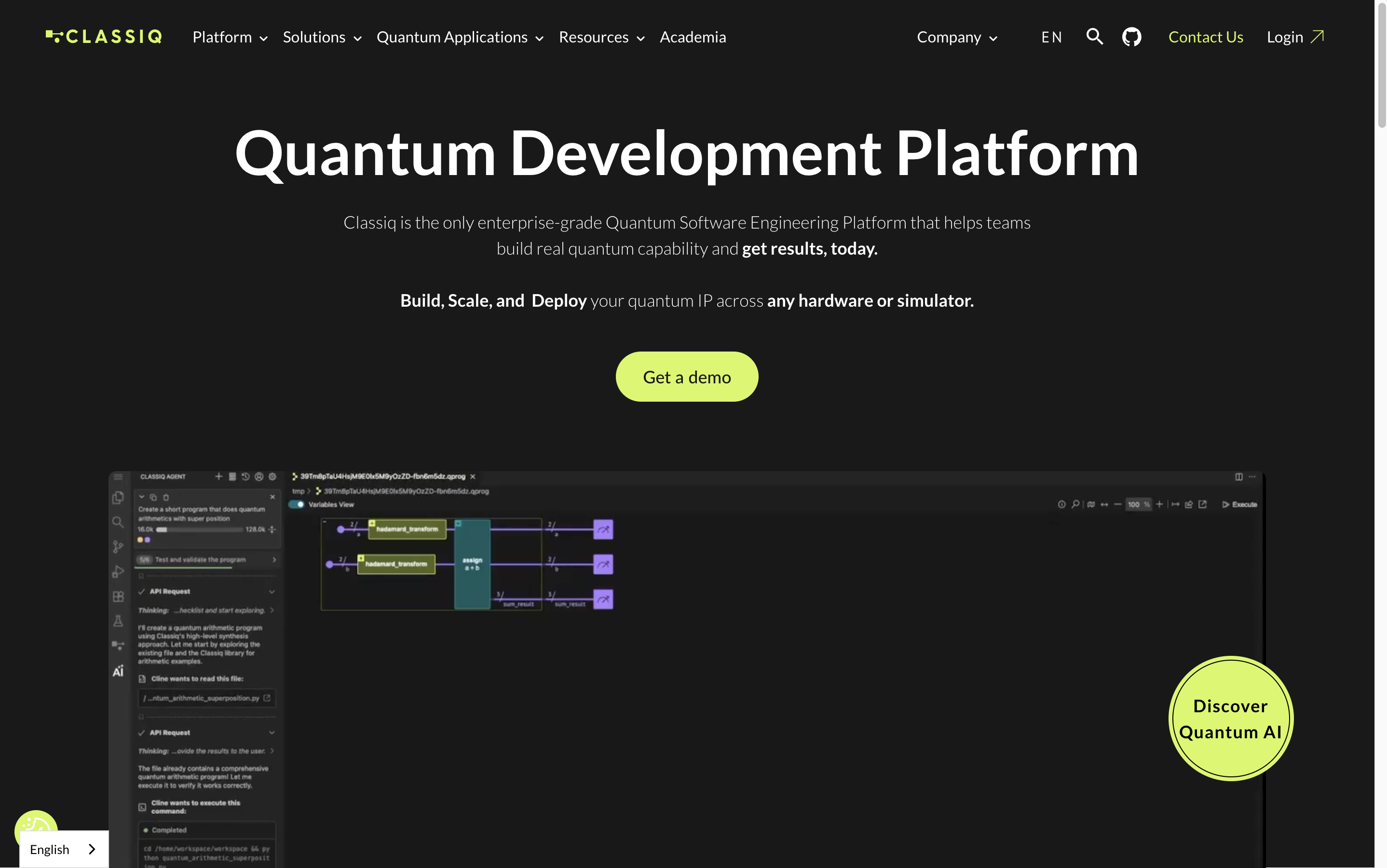 Classiq quantum development platform homepage showing high-level circuit synthesis and the Classiq AI agent interface